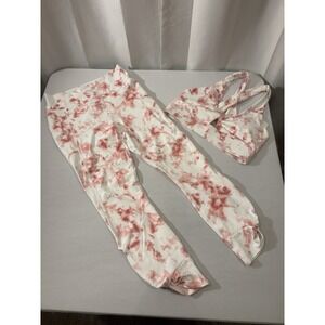 Fabletics PureLuxe Sports Bra & Leggings Set Size Medium Pink/White Active Yoga